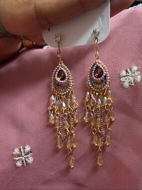 Handcrafted Pink Beaded Teardrop Dangle Earrings - Gold Finish